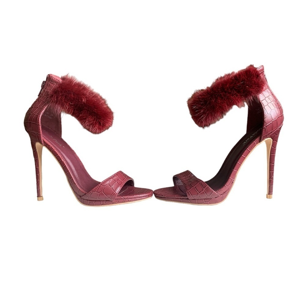 Red suede high heels faux fur ankle strap stiletto dress sandals maroon shoes